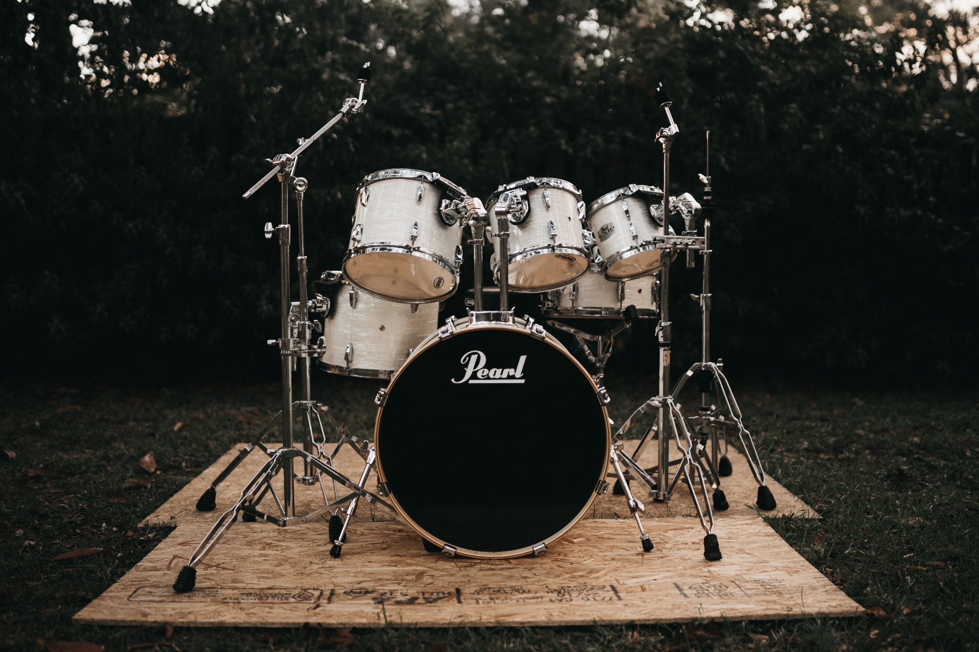 Pearl drum kit set up outdoors